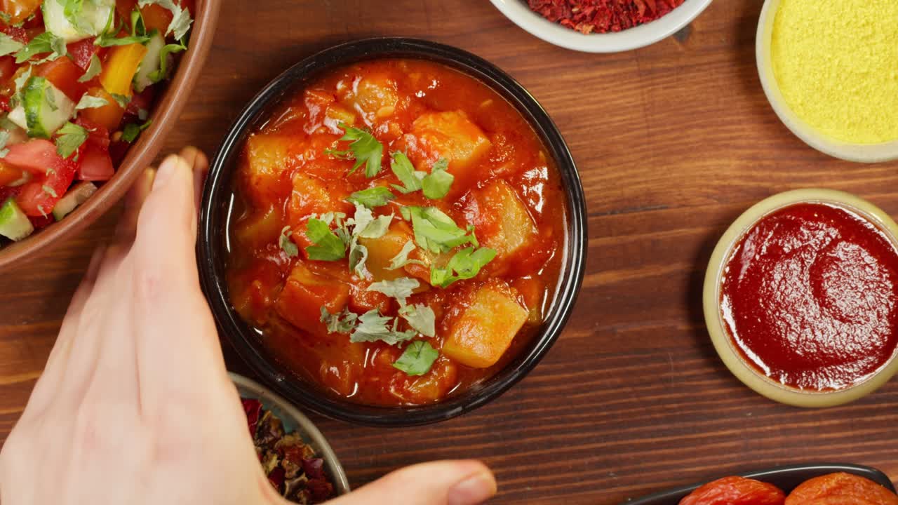 berenjena al horno, verduras en salsa de tomate, comida vegetariana. cultura de oriente medio. cocina marroquí vista superior. concepto de aperitivo frío.