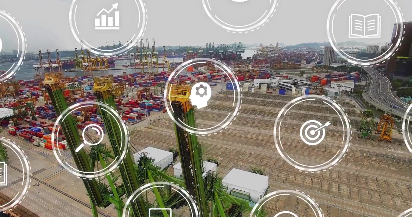 Aerial View of Busy Shipping Port with Digital Data Overlay