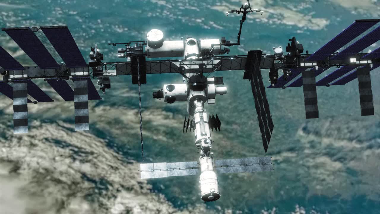 fotografía muy detallada y realista en 3d de la estación espacial internacional en órbita terrestre baja, mirando hacia abajo en la tierra desde encima de la iss, con el planeta girando debajo mientras la cámara gira
