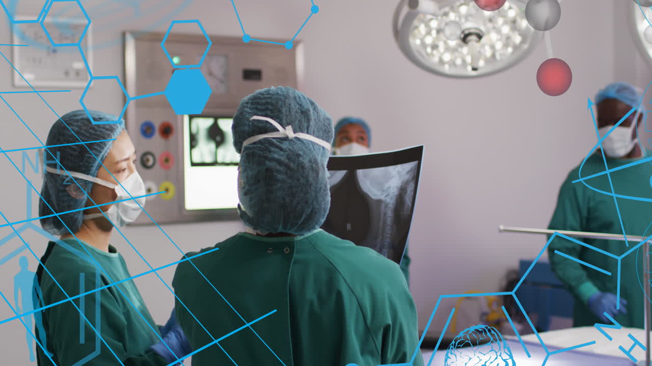 병원의 다양한 의사들에 대한 화학 공식의 애니메이션