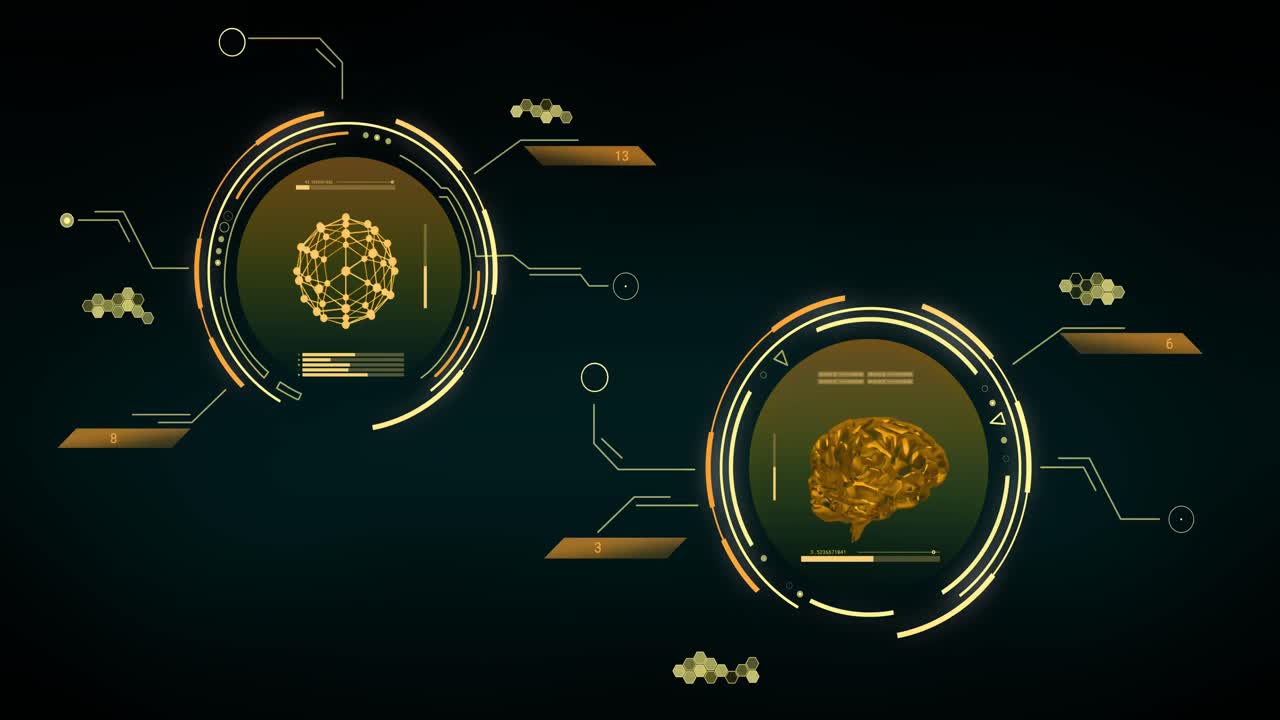 animación del procesamiento de datos con cerebro y formas que se mueven sobre un fondo negro.