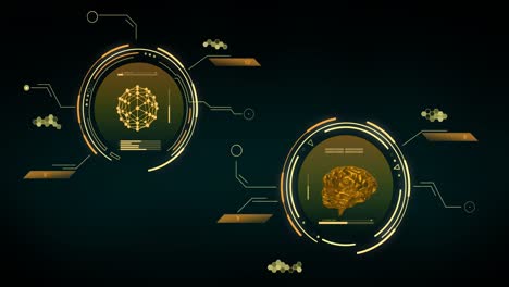 animation of data processing with brain and shapes moving over black background