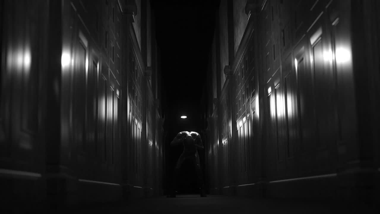 анимация человекоподобного монстра в темном туннеле, ошеломленного