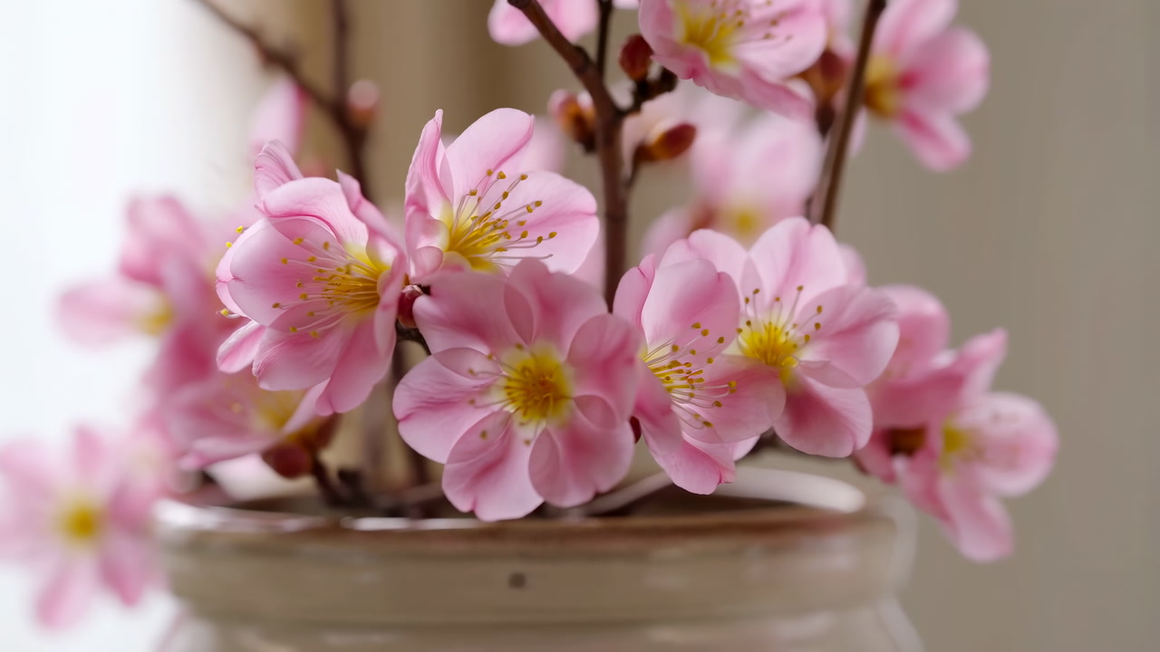 Pink Cherry Blossoms In Ceramic Jar Soft Natural Light Closeup Of Delicate Petals And Yellow Centers, Slender