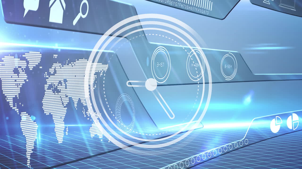 회색 배경에 세계 지도와 함께 디지털 인터페이스를 통해 움직이는 시계의 애니메이션