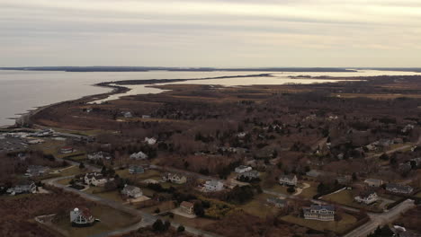 an aerial view over the eastern end of orient point, long island during sunset