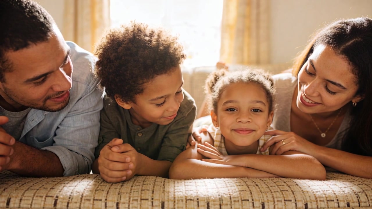 Famiglia sorridente che guarda la telecamera, chinata verso l'interno e che tocca la figlia sul divano di casa, con una finestra.