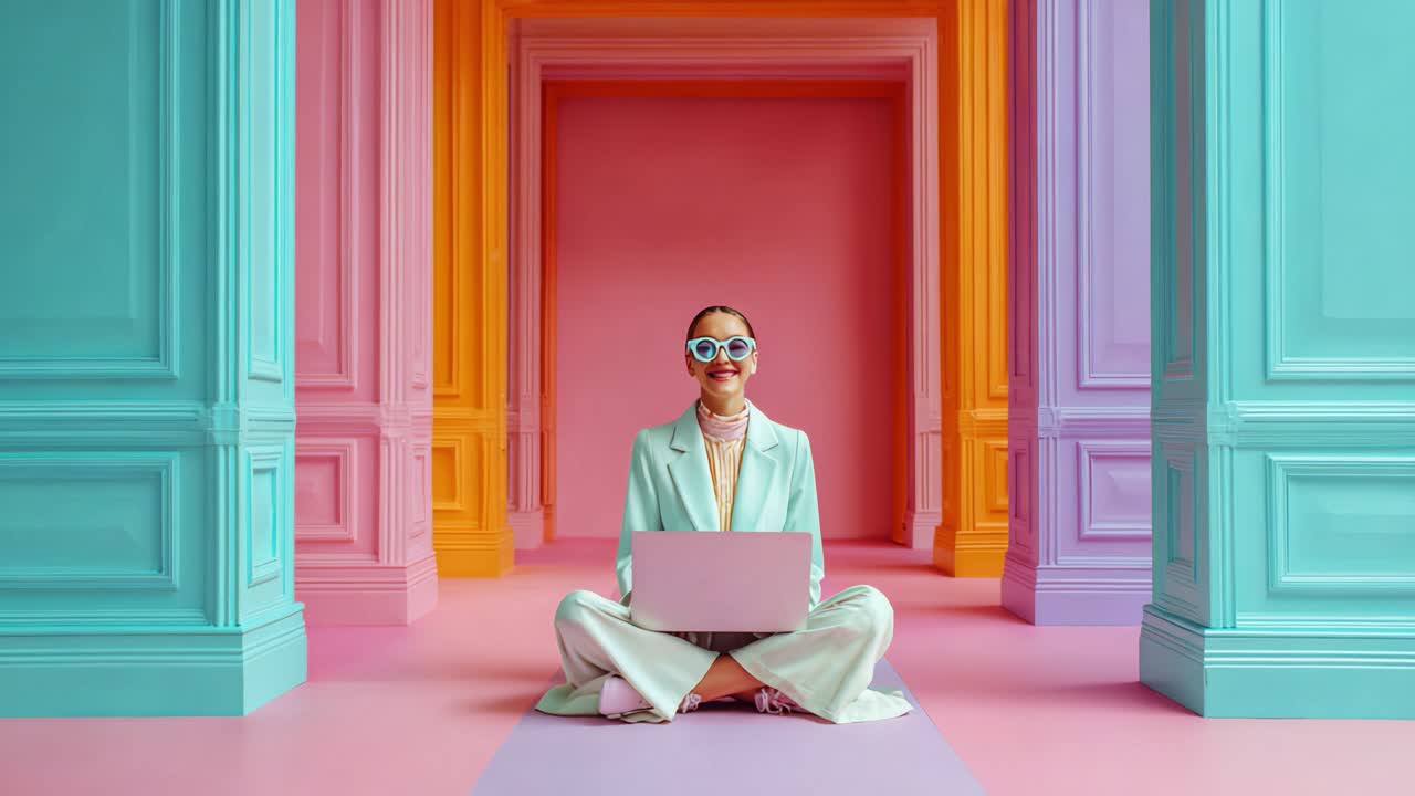 A fashionable individual, sporting stylish sunglasses, sits cross-legged with a laptop in a vibrant, multicolored environment filled with pastel hues and striking architecture