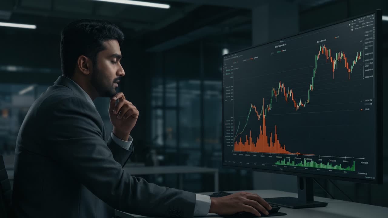 Focused Professional Analyzing Financial Market Data on a High-Tech Monitor, Showcasing Insights and Trends in Trading Strategies and Investment Opportunities