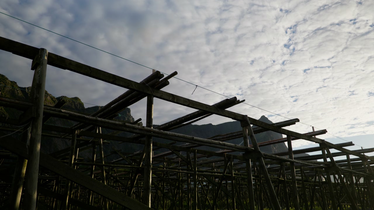 Secaderos de bacalao de madera forman una densa cuadrícula contra un cielo bajo y nublado y colinas rocosas distantes.