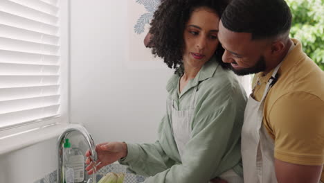 woman, food and couple cleaning vegetables