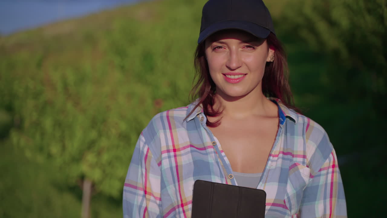 mujer en un campo con una tableta