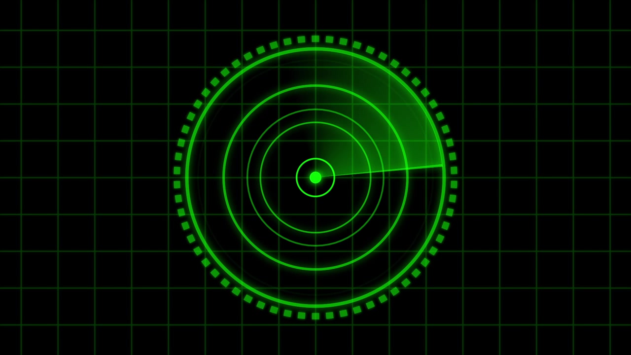 Schermo radar verde animato con linea di scansione rotante su sfondo a griglia