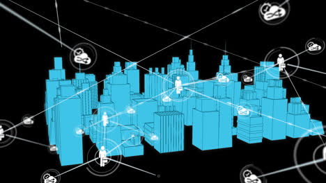 animation of network of connections with icons over 3d city drawing