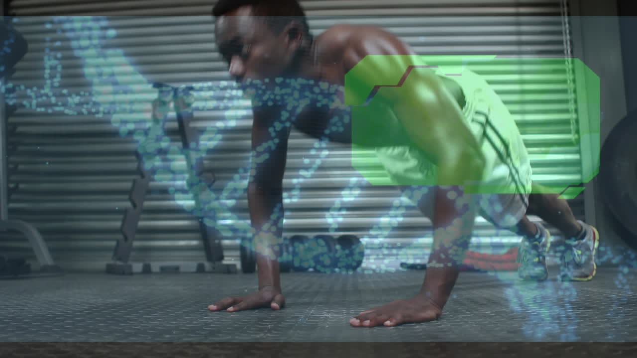 animación de adn hilado y procesamiento de datos sobre hombre fuerte haciendo flexiones