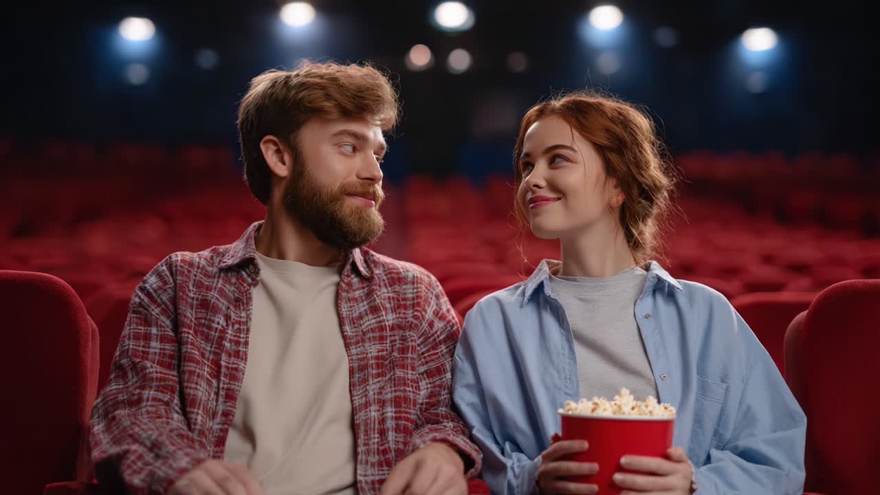A Delightful Movie Moment: A Couple Shares a Playful Look While Enjoying a Cinematic Experience Together with Popcorn in a Cozy Theater Setting