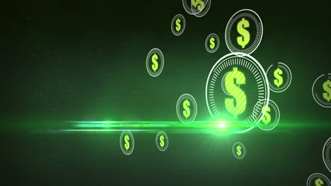animación de los símbolos de la moneda del dólar estadounidense que se mueven sobre un fondo verde