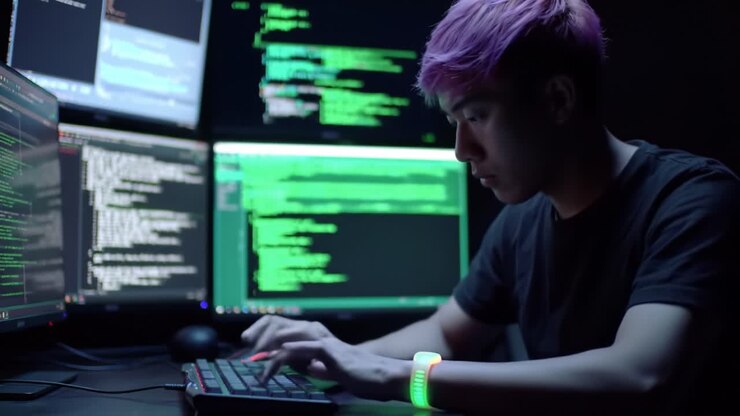 Eine fokussierte Person mit pinken Haaren programmiert an mehreren Monitoren, umgeben von Strömen grünen Codes, was die Welt der Programmierung und Cybersicherheit veranschaulicht.