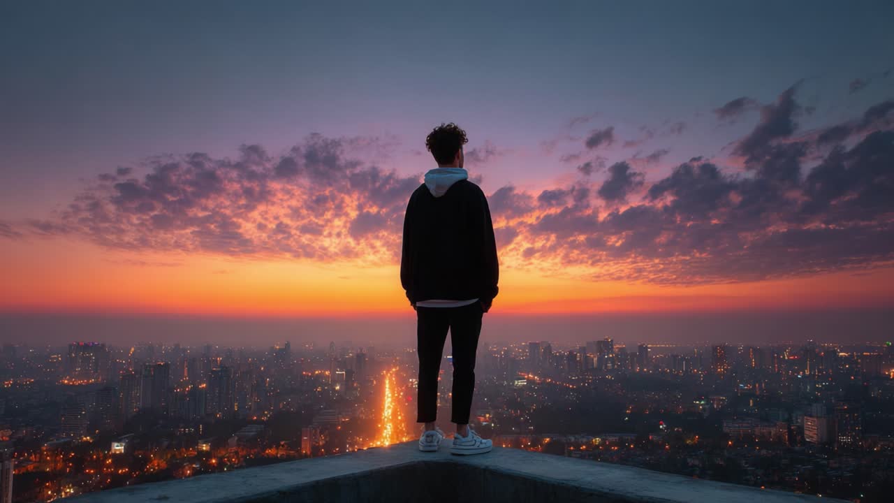 Une silhouette solitaire contemple un paysage urbain animé au coucher du soleil, capturant la beauté des paysages urbains et la tranquillité qu’ils offrent au crépuscule.