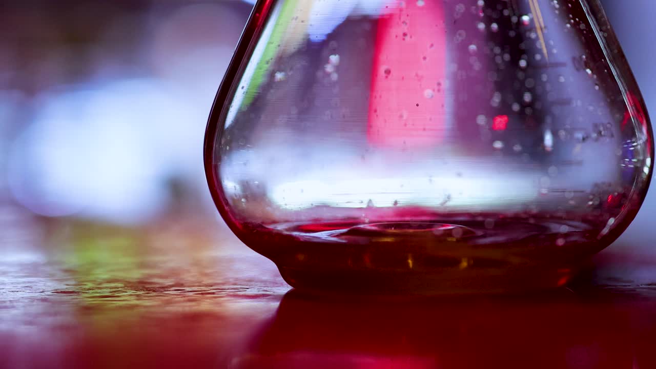 Macro shot of coffee drop splashing in glass jar, colorful reflections, shallow depth, restaurant lighting
