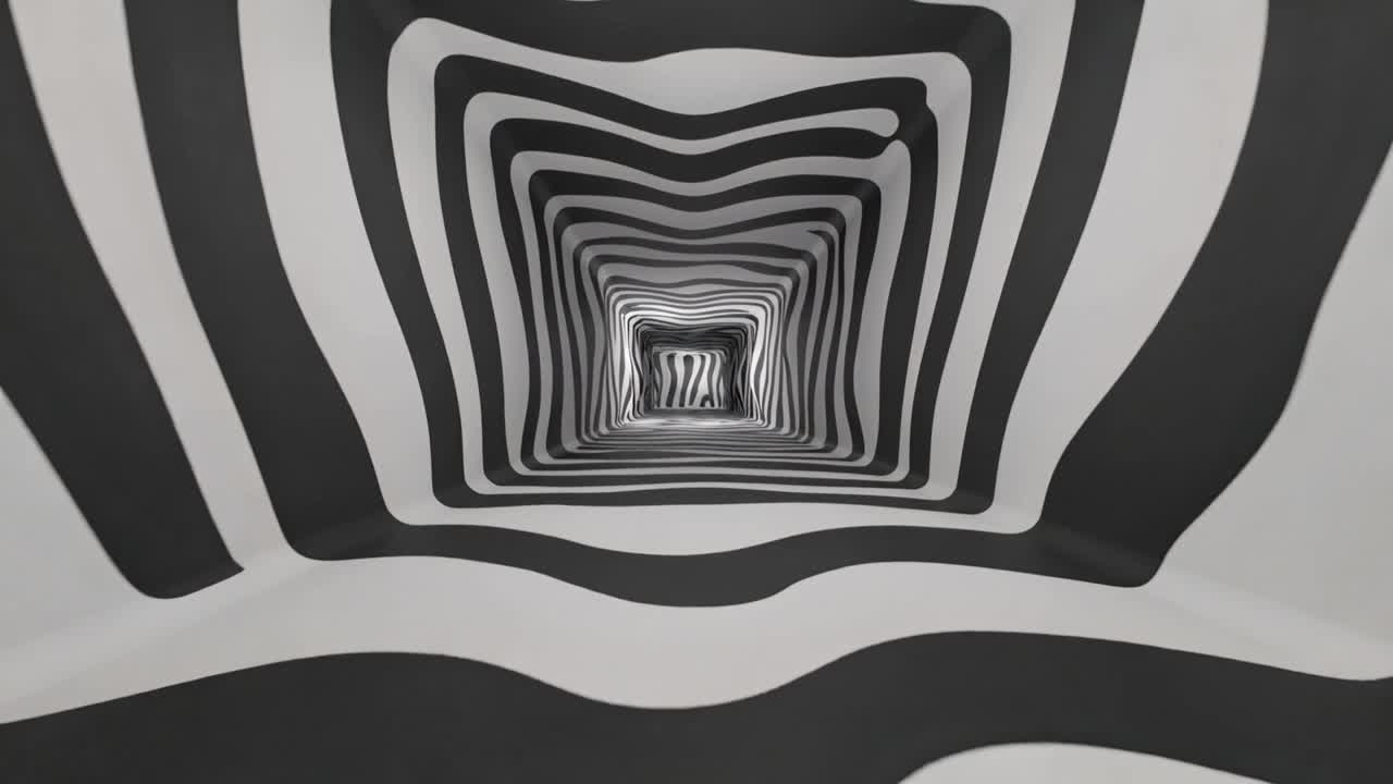 Telecamera in movimento che si avvicina a un tunnel a strisce centrato in un allestimento espositivo, creando un movimento pulsante.