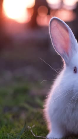 easter white rabbit sitting on green grass in spring. a little bunny is playfully standing on the lawn, creating the concept of a cute animal, a fluffy pet