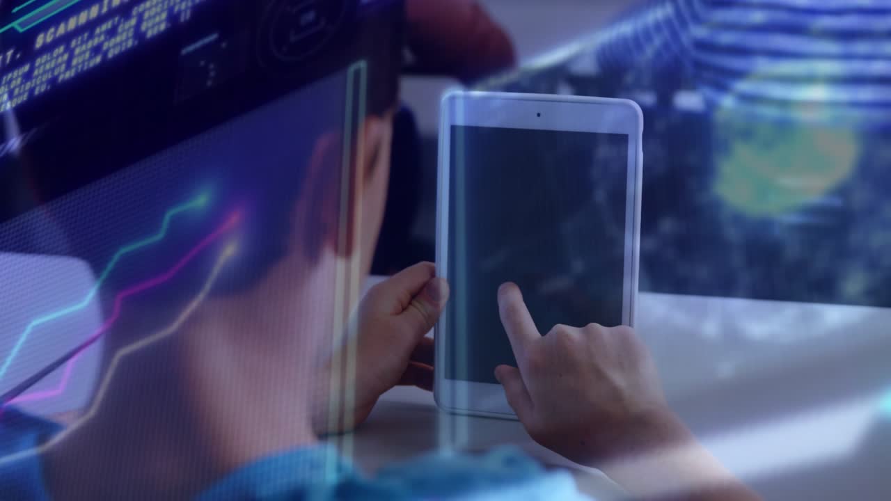 Child steadying white tablet, tapping lower screen and revealing overlays plus globe for education