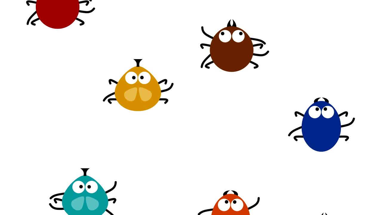 Funny colored insects creep up on white, 2d animated cartoon, seamless loop
