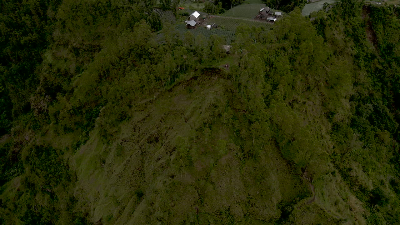Aerial View of Lush Green Mountainside with Rural Houses and Farmland
