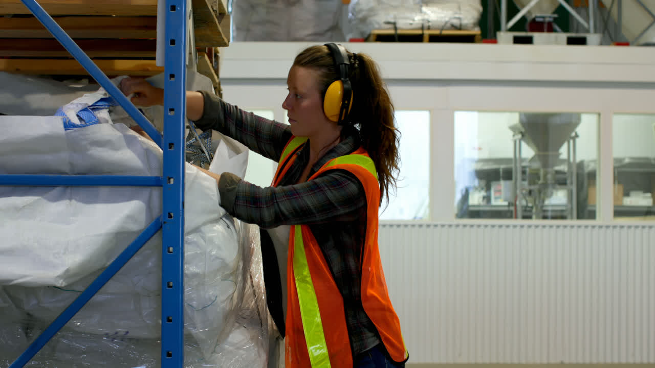 vista lateral de una joven trabajadora caucásica comprobando el stock en una fábrica 4k
