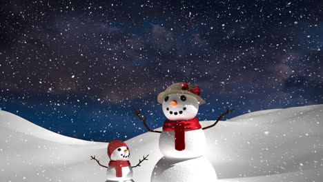 Animation-of-snow-falling-over-snowmen-in-winter-scenery