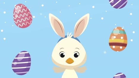 animación de pascua con pato con orejas conejo y huevos