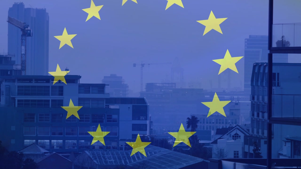 EU flag overlay appearing shifting opacity, stars wobbling and rotating to reveal hazy skyline