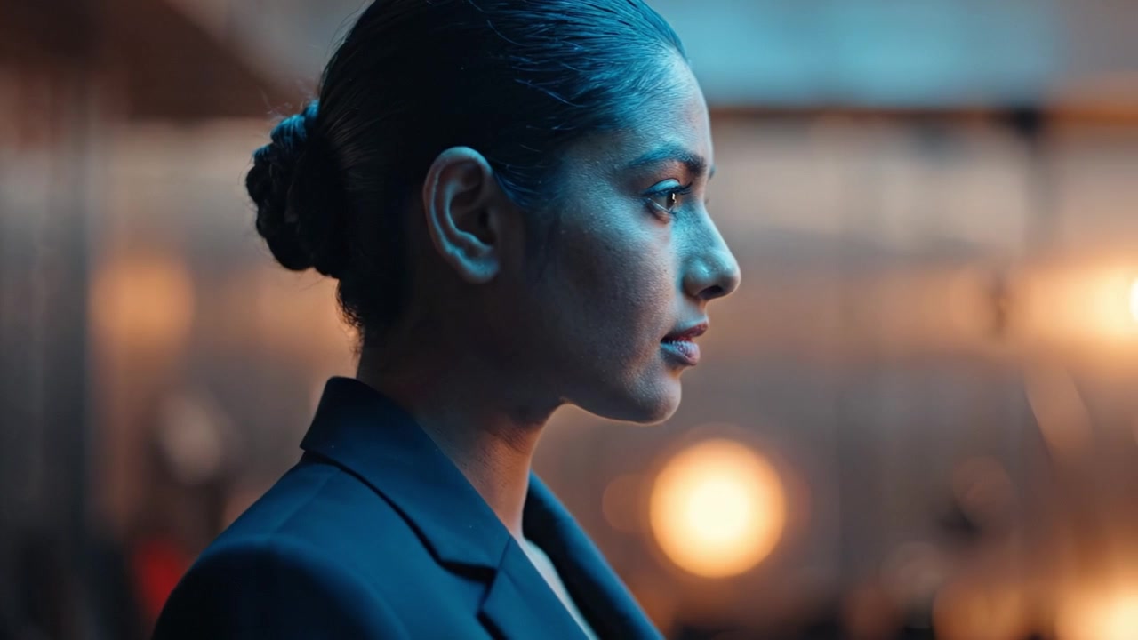 A Thoughtful Profile of a Professional Woman in a Modern Setting, Captured in Two Frames to Highlight Emotional Depth and Introspection