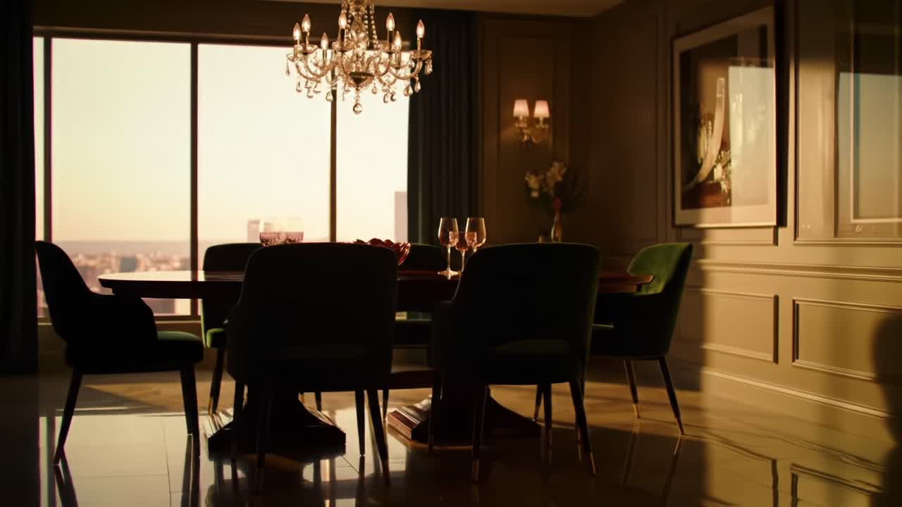 Elegant Dining Room Set with Chandelier and Scenic View at Sunset, Showcasing a Gourmet Experience in a Luxurious Setting