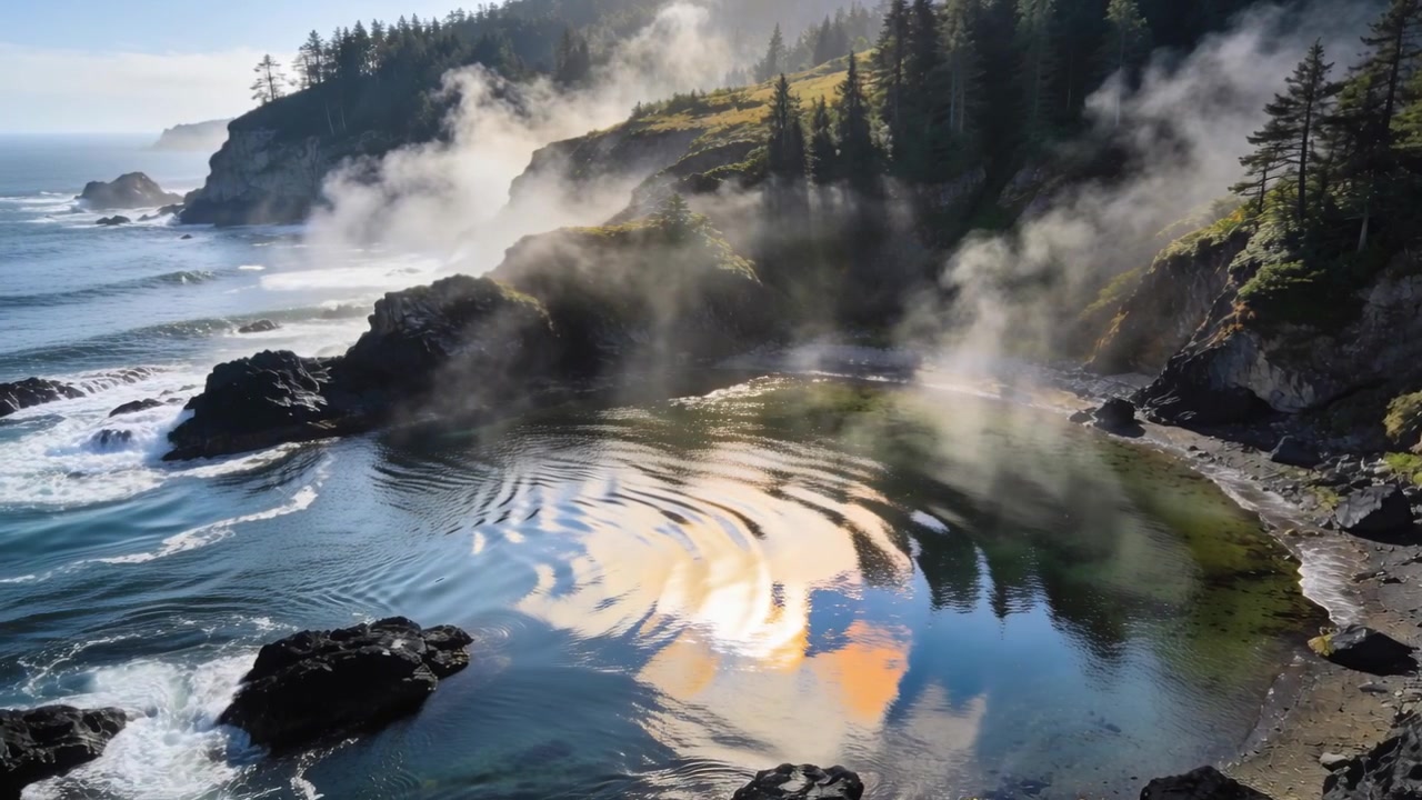 Specchio d'acqua riflettente che forma increspature e distorce il cielo mentre le onde si infrangono intorno alle rocce marine, con la nebbia che sale.