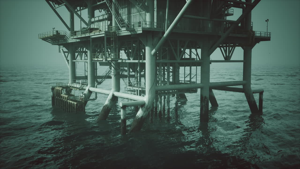 Old oil platform stands resilient in the calm ocean water at sunrise