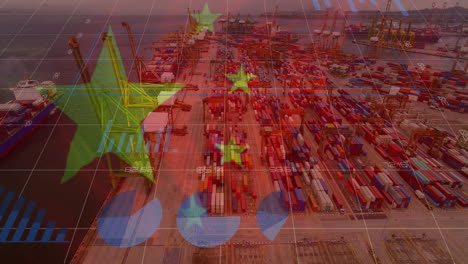 animación del procesamiento de datos financieros y bandera de china sobre el paisaje