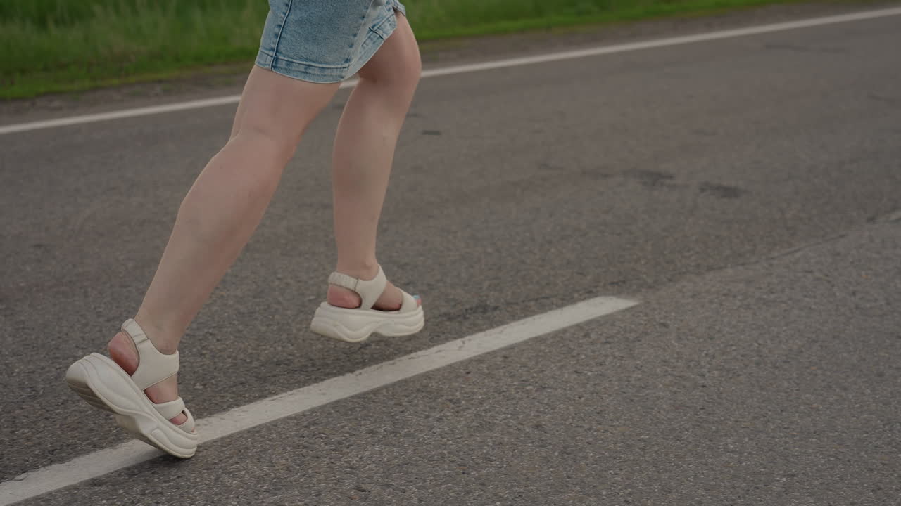 Leg view of woman in denim skirt and white sandals running along white centre line of asphalt road bordered by green grass under cloudy summer sky stride expressing freedom