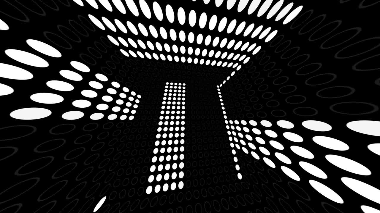 The inclusion of pixels in led canvases. Black and white circles. 3D abstraction of a room from animated walls. Spinning hyper-perspective.