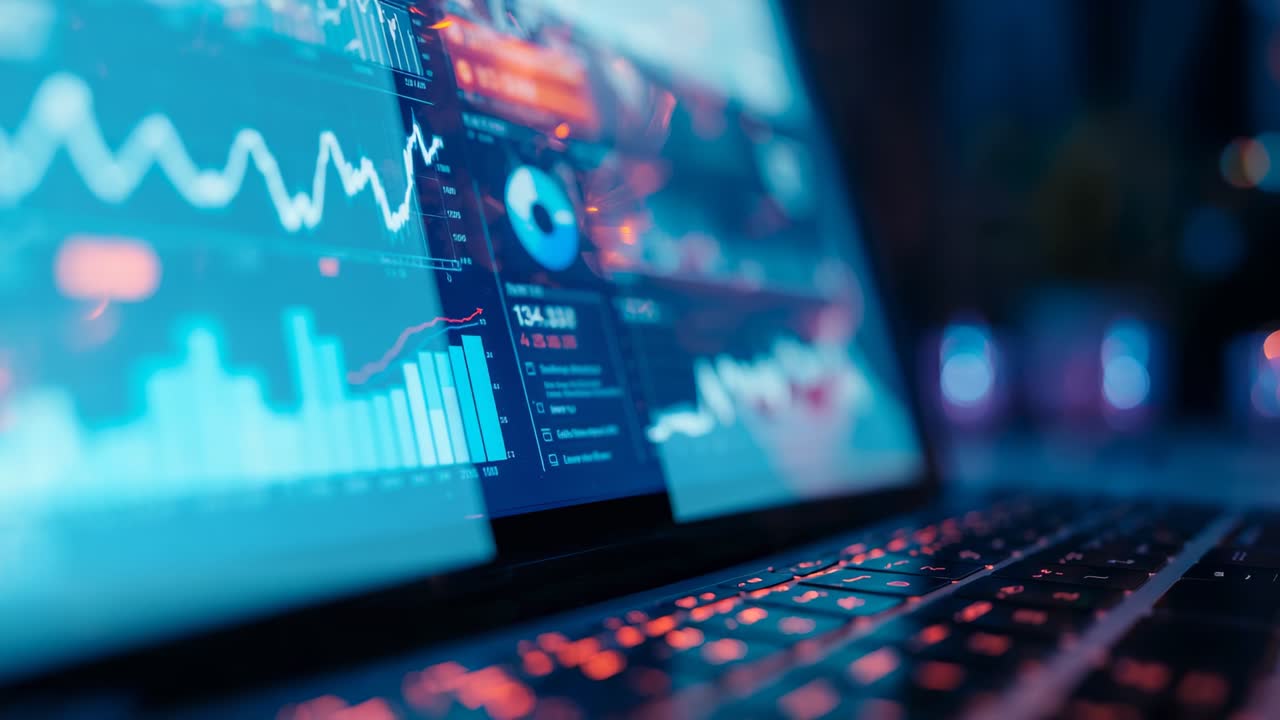 Initiating real-time data streaming laptop updating financial charts on desk, with backlit keyboard