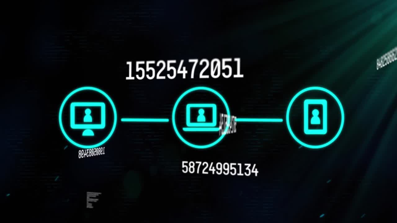 animación de tres iconos de interfaz digital, procesamiento de datos y números que cambian