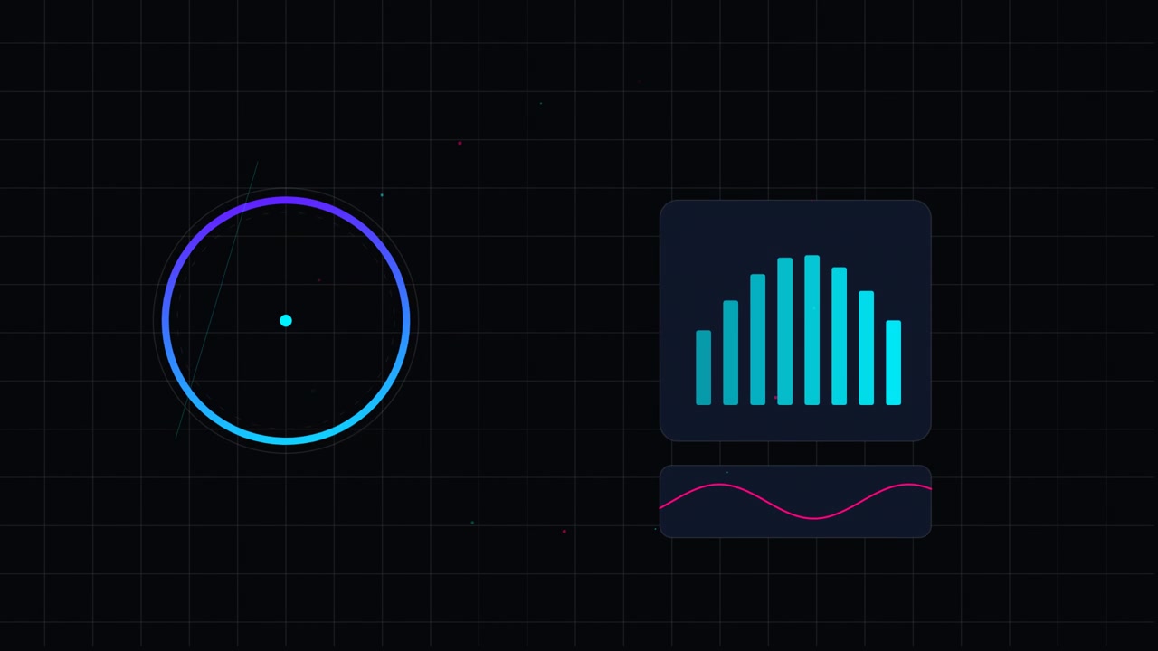 Abstract Digital Interface with Rotating Circular Radar and Fluctuating Bar Graph
