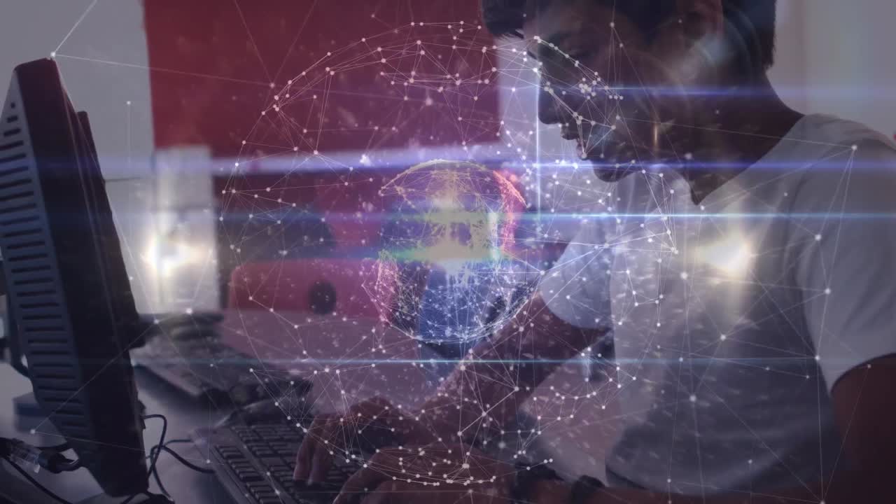 animación de una red de conexiones sobre un niño biracial utilizando tecnología