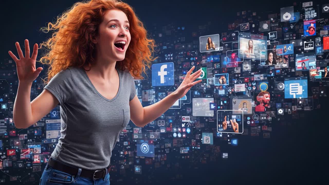 A Young Woman Expresses Excitement and Joy Amidst a Vibrant Display of Social Media Icons, Representing Connection, Communication, and Digital Interaction