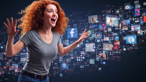 a young woman expresses excitement and joy amidst a vibrant display of social media icons, representing connection, communication, and digital interaction