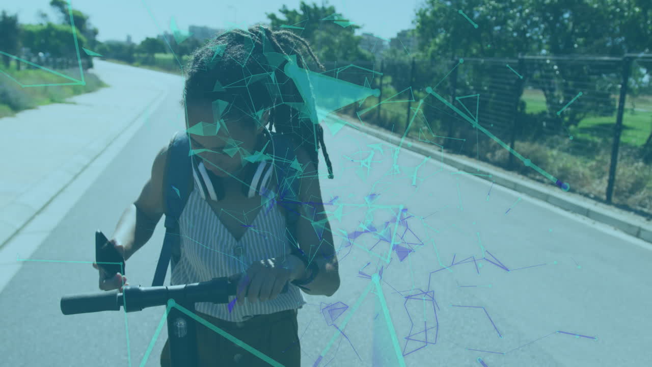 Glowing green network of connections against african american woman with scooter using smartphone