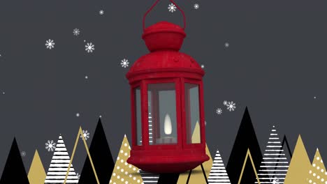 lámpara de navidad roja y copos de nieve cayendo sobre múltiples iconos de árbol de navidad en fondo gris