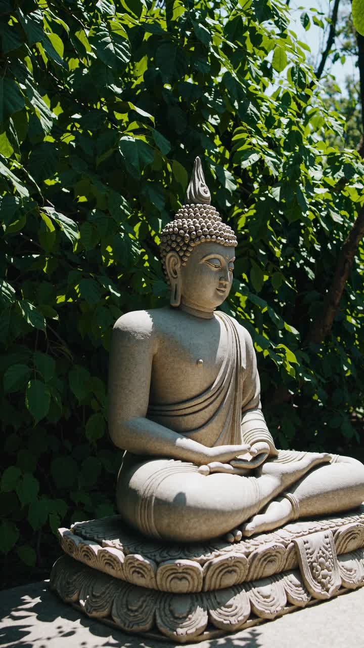 Una serena statua di Buddha in meditazione, circondata da una vegetazione lussureggiante.