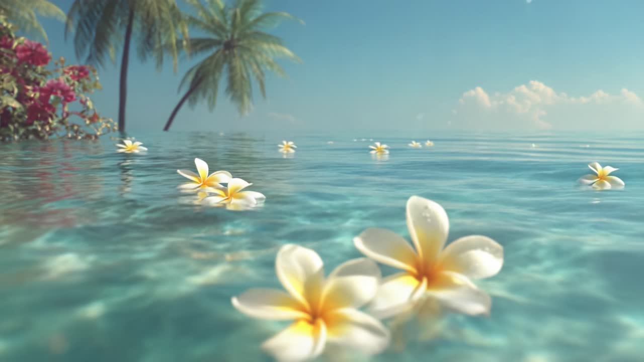 Paradiso Tropicale Tranquillo: Una vista serena di acque azzurre adornate da fiori di frangipane galleggianti e lussureggianti palme sotto un cielo limpido